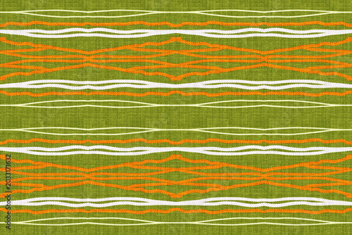 Olive green tribal stripe seamless pattern, modern ikat and ethnic embroidery geometric lines, luxury canvas textile texture for eco fashion apparel, organic home decor, and wrapping paper