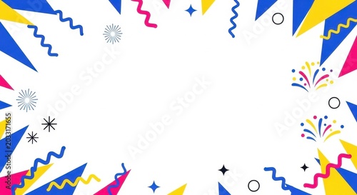 Festive celebration background with colorful geometric shapes and party confetti streamers.