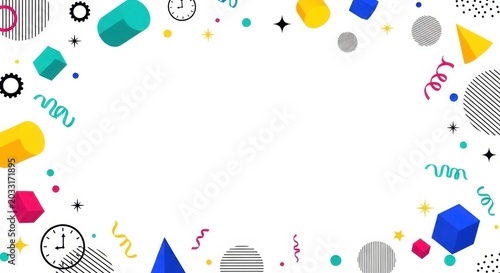 Abstract geometric border template with colorful 3d shapes and clocks on white background.