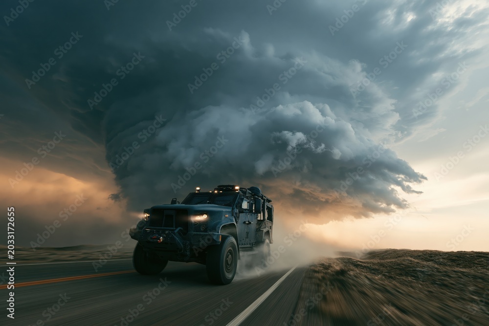 Fototapeta premium Armored truck chasing intense tornado during extreme weather