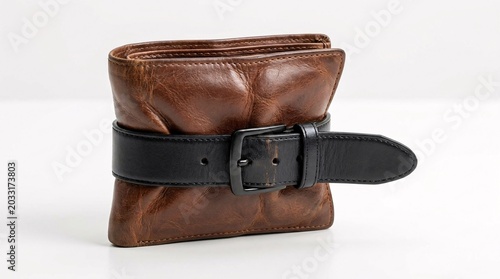 A brown leather wallet tightly constricted by a black belt on a white background, symbolizing inflation and economic belt tightening
