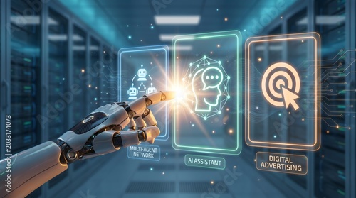 Robot finger interacts with AI assistant and digital advertising icons