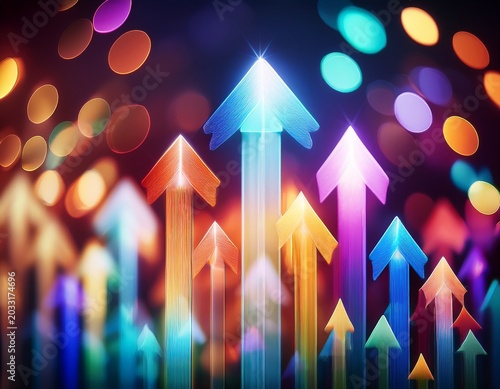 vibrant arrows shoot upwards through a colorful illuminated bokeh backdrop symbolizing progress and energy