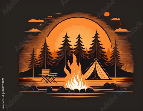 black silhouette of campfire flames with tent nearby outdoor adventure scene in solid orange glow accents line for camping poster