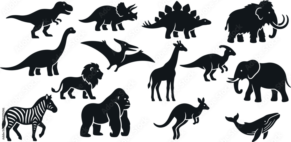 Fototapeta premium Stylized Animal Vector Icons Dinosaurs and Modern Wildlife Silhouettes