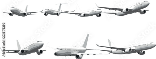 Tableau sur toile Commercial Airplane Vector Icon Set with Grey Monochrome Passenger Jet Airliners