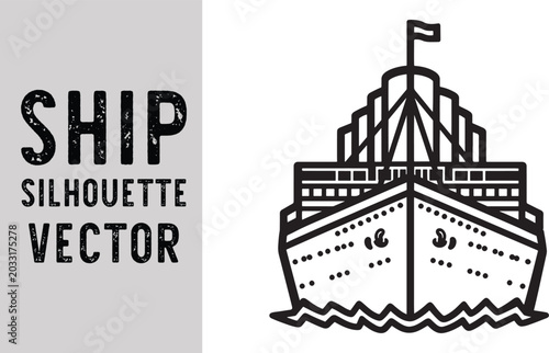 Black Cargo Ship Outline Vector Illustration for Maritime and Shipping Design