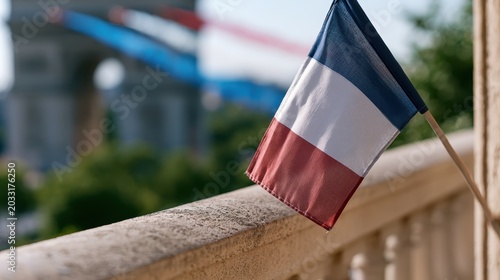 french national day celebration, a stunning magazine editorial features the french national day flyover, capturing tricolor flag on a parisian balcony, with the arc in the backdrop