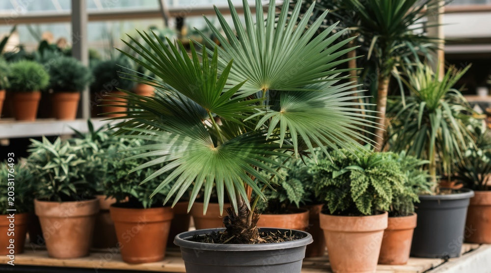 Fototapeta premium Potted fan palm plant with lush green leaves sits in greenhouse setting. Various potted plants surround it, creating a natural, vibrant arrangement with earthy tones.