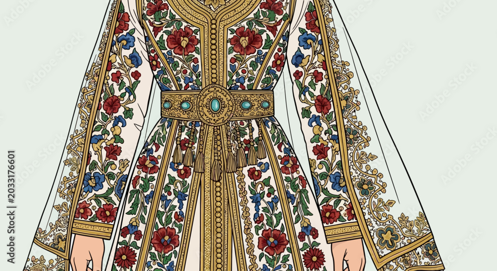 Naklejka premium Vibrant floral embroidered evening gown with gold accents
