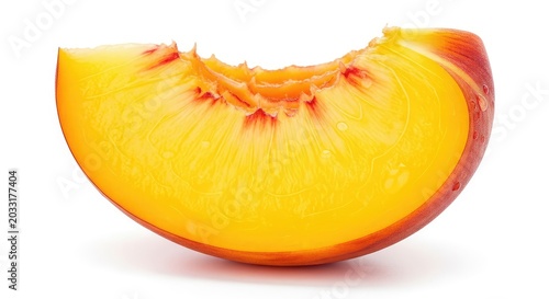 A fresh and juicy orange peach slice featuring fuzzy skin and sweet yellow flesh, captured in high resolution on a white background, cut, wedge, fruit