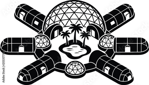 Foto Futuristic dome colony vector icon featuring a central biosphere with palm trees and modular habitations for space colonization concepts