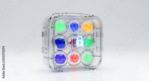 Transparent plastic box with colorful round buttons and lock