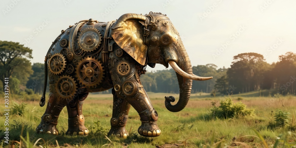 Fototapeta premium Steampunk mechanical elephant walks in grassy field. Intricate gears and metal plating cover its body. This automaton has tusks and trunk. Nature background with trees.