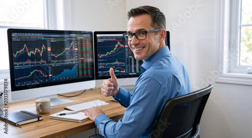 Smiling male stock trader giving thumbs up at desk. Happy financial broker working with computer monitors showing market charts. Successful investment and trading concept