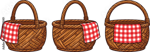Tableau sur toile Wicker Picnic Basket Vector Illustration Set Featuring Traditional Brown Woven H