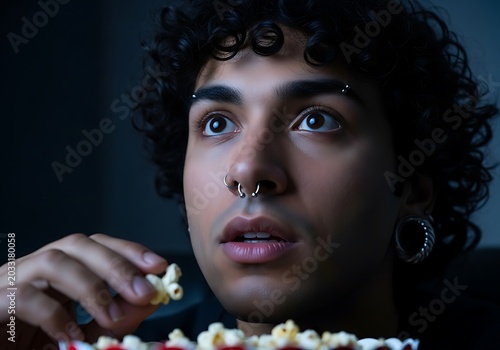 A young man with facial piercings eating popcorn in a dim room with a surprised and captivated look