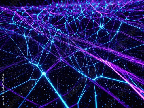 Digital data transmission illustration with glowing fiber optic cables and abstract network connection lines