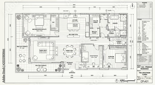 Obraz na płótnie Architectural floor plan of a luxury residential unit featuring a master bedroom