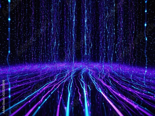Digital data transmission illustration with glowing fiber optic cables and abstract network connection lines