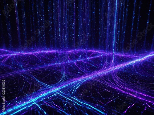 Digital data transmission illustration with glowing fiber optic cables and abstract network connection lines
