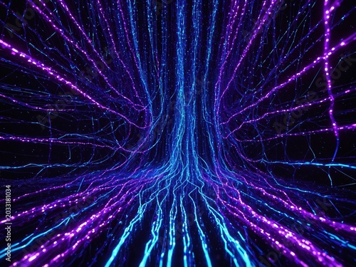 Digital data transmission illustration with glowing fiber optic cables and abstract network connection lines