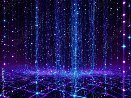 Digital data transmission illustration with glowing fiber optic cables and abstract network connection lines