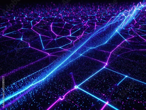 Digital data transmission illustration with glowing fiber optic cables and abstract network connection lines
