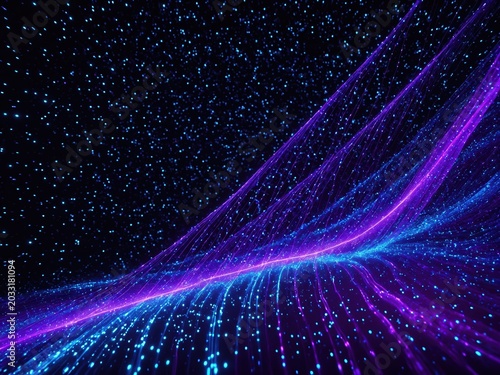 Digital data transmission illustration with glowing fiber optic cables and abstract network connection lines