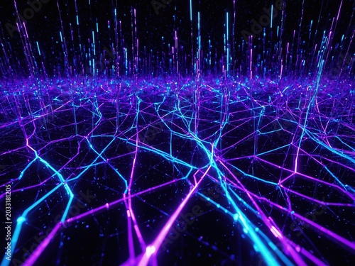 Digital data transmission illustration with glowing fiber optic cables and abstract network connection lines
