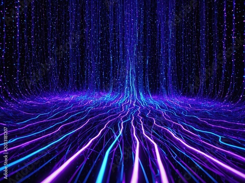 Digital data transmission illustration with glowing fiber optic cables and abstract network connection lines