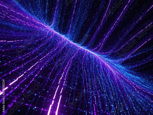 Digital data transmission illustration with glowing fiber optic cables and abstract network connection lines