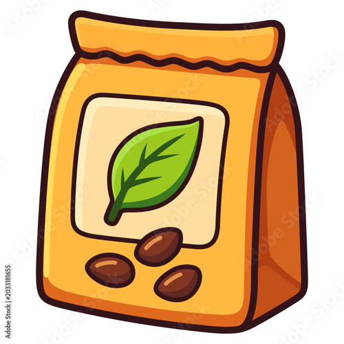 Organic coffee beans pouch or plant seeds packaging icon, eco friendly paper bag asset for game design