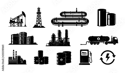 Tableau sur toile Oil and Gas Industry Vector Icon Set – Extraction, Refining, Transportation, and