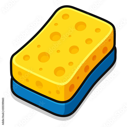 Dual sided dishwashing sponge, bright yellow cleaning tool icon for household chore graphics