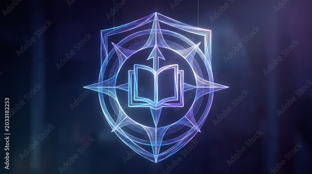 Fototapeta premium Glowing blue book emblem shines within geometric shield shape
