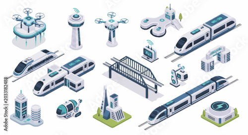 Cuadro en lienzo Futuristic transportation and infrastructure elements collection isometric illustration