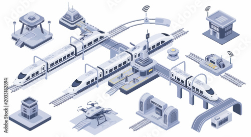 Foto Futuristic High Speed Train Network With Stations and Buildings.