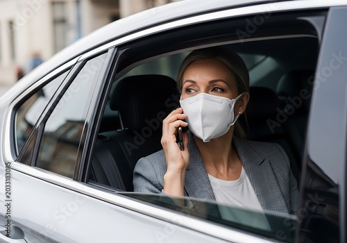A professional businesswoman wearing a face mask talking on a phone in a car with a focused mood.