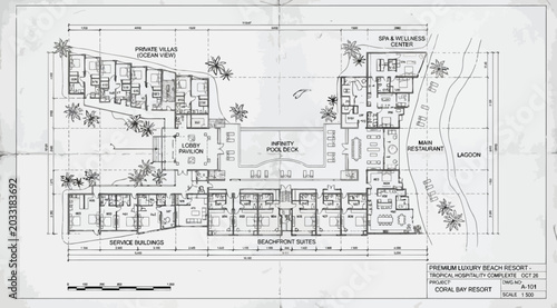 Photos Architectural floor plan of a premium luxury beach resort featuring suites and m