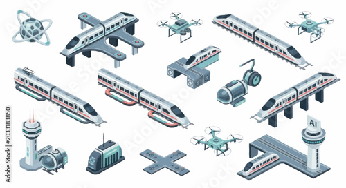 Konstfotografi Modern transportation technology collection with trains drones and futuristic vehicles