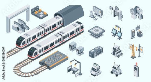 Modern transportation and technology isometric icons set.