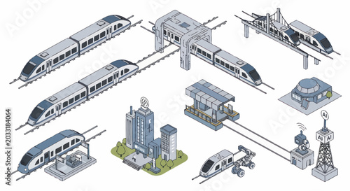 Foto Futuristic high speed trains and transportation systems isometric illustration