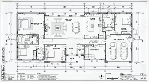 Quadro su tela Detailed residential house floor plan showing room layouts, dimensions, and stru