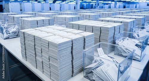 Paper ballots are neatly stacked on long tables next to transparent collection bins inside a brightly lit and organized counting facility, container, stacks, table