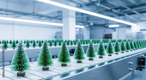 Small green artificial miniature trees move along a metallic conveyor belt in a bright factory ready for festive holiday seasonal sales, evergreen, technology, plant