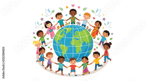 Fotografía Diverse children holding hands around a globe earth illustration.
