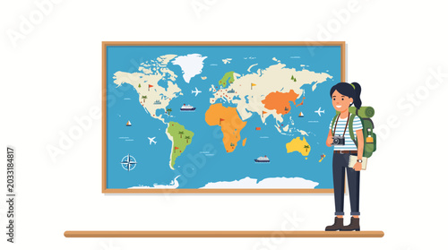 Photos A young female traveler standing in front of a large world map.