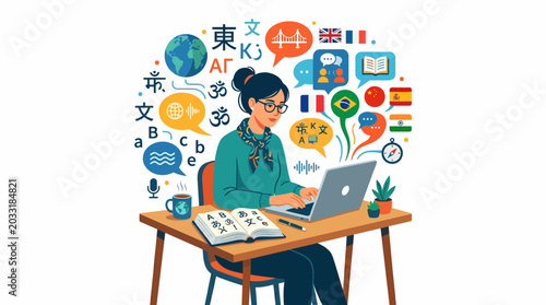 Tableau sur toile A young woman working on her laptop surrounded by language learning icons and speech bubbles