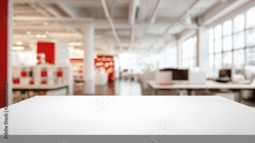 Empty white tabletop for product display stands before a blurred open office interior with red accents and large windows.